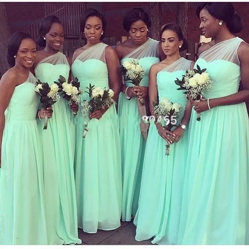 Nigerian African Black Girls A Line Chiffon Cheap Bridesmaid Dresses One Shoulder Pleats Wedding Party Gowns Maid Of Honor Dress