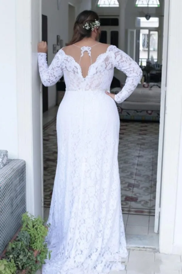 Sexy Plus Size Wedding Dresses Deep V Neck Sheath Vintage Long Sleeves Wedding gown Bridal Gowns Sweep Train Spring Summer Wear