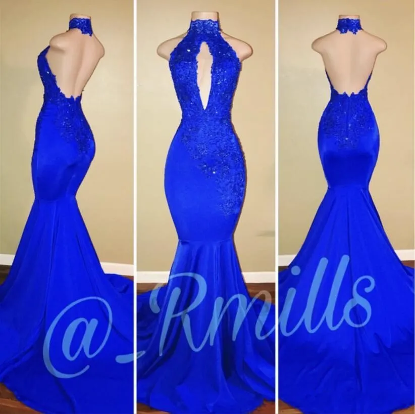 2018 Sexy Mermaid Prom Dresses Halter Keyhole Red Royal Blue Backless Lace Appliques Crystal Beaded Formal Party Dress Evening Gowns Wear