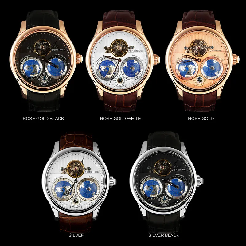 ForSining Top Brand Business Mechanical Watches Men 30m Waterproof Automatic Wrist Watch 3d Earth Dial Leather Band204i
