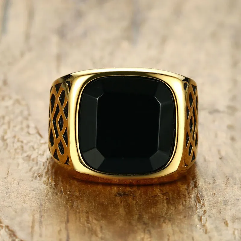 Anillo de sello de piedra semipreciosa de cornalina negra cuadrada para hombre en acero inoxidable en tono dorado para joyería masculina Accesorios de Anillos 221v