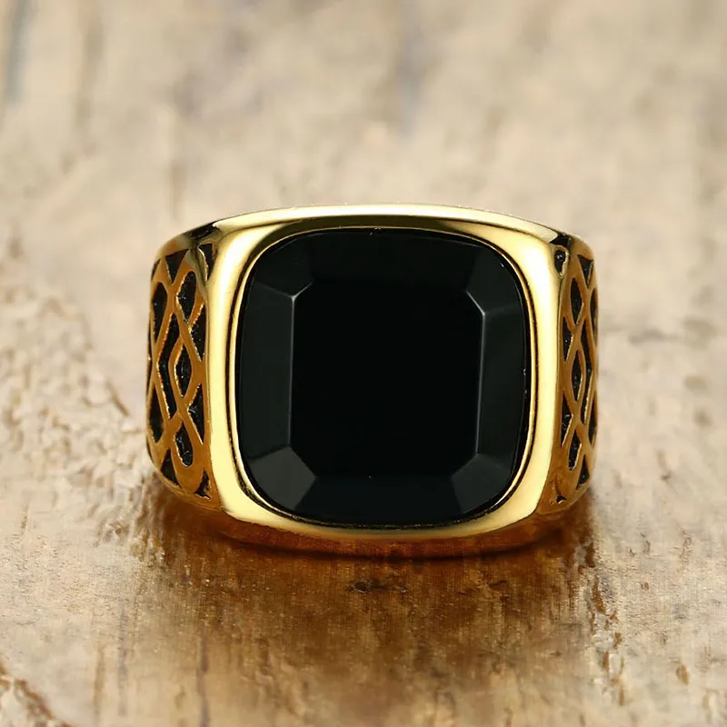 Bague chevalière carrée en cornaline noire pour hommes, pierre semi-précieuse, en acier inoxydable doré, bijoux masculins, accessoires Anillos, 241g