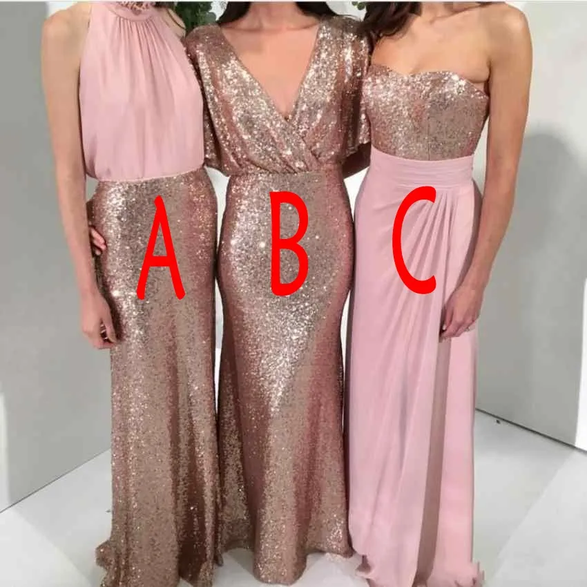 2020 New Sexy Sequins Bling Mermaid Bridesmaid Dresses Mixed Styles Rose Gold and Pink Floor Length Prom Maid of Honor Wedding Guest Gowns