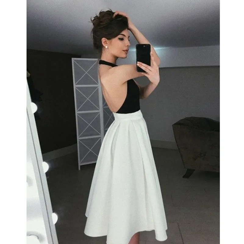 Stylish Black White Homecoming Dresses Sexy Halter Neck Open Backless Knee Length Party Dresses Custom Made A-Line Short Prom Dres197u