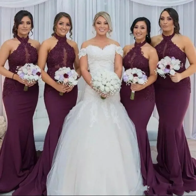 Burgundy Sequins Beaded Mermaid Bridesmaid Dresses Floor Length Maid Of Honor Dress Pleats Wedding Party Gowns Cheap Formal Gowns