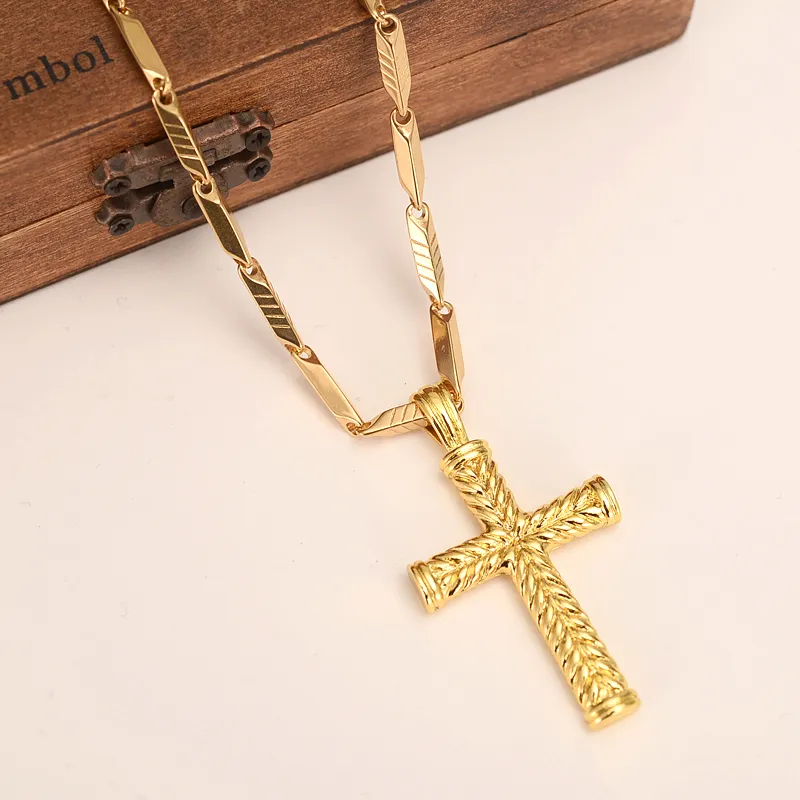 14K Solid Fine Gold GF Lins Lines Netlace Necklace Men's Women Cross Fashion Jewelry Jewelry Factory Wholecrucifix GO317R