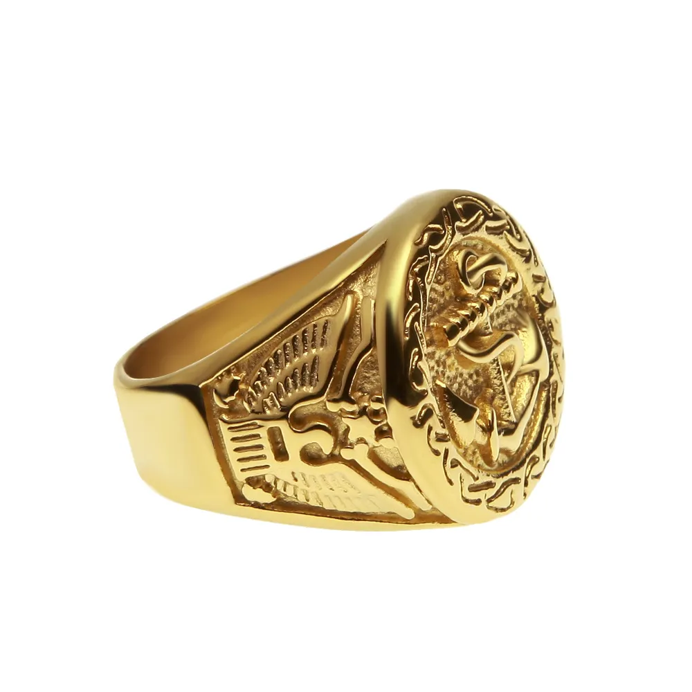 Хип-хоп рок-золотое кольцо из нержавеющей стали 316L с якорем, золотые кольца, винтажные мужские ювелирные изделия Ring271b