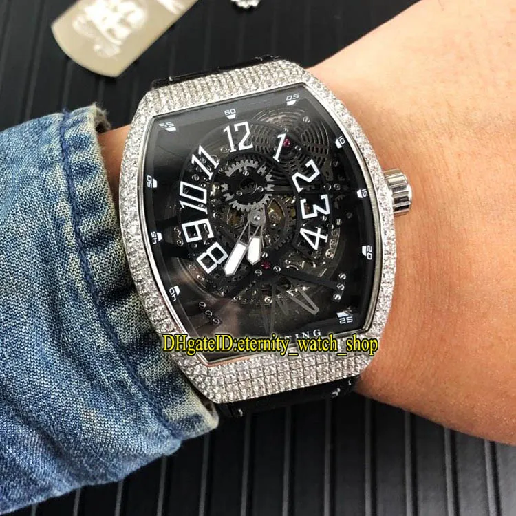New VANGUARD YACHTING GRAVITY V45 T GR YACHT SQT White Skeleton Dial Automatic Mens Watch Silvery Diamond Case Rubber Strap Sport 246I