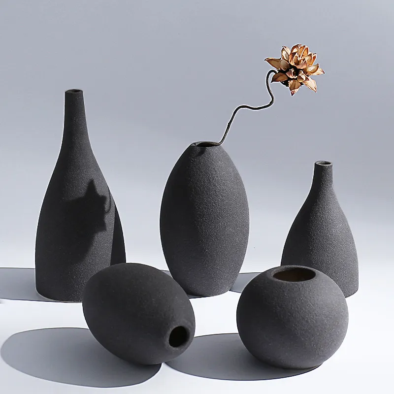 Vases Bleu noir gris 3 couleurs européen moderne Vases en céramique givrée récipient à fleurs Vase de table ornements de maison ameublement Art292e