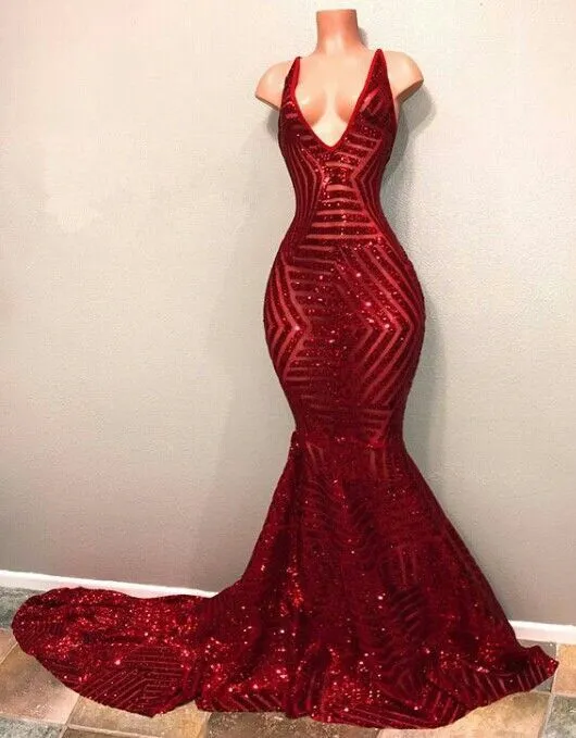 Русалка Красный блестка Пром платье 2020 V-образный вырез без рукавов Длинных Поездов Sexy Вечерних платьев Vestidos De Fiesta
