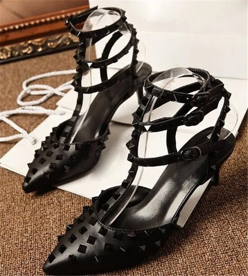 Femmes sexy nouvelles orteils de mode pointus rouges noirs blancs nus rivets pompes trois bretelles minces high 6cm 8cm 10cm talons chaussures 5