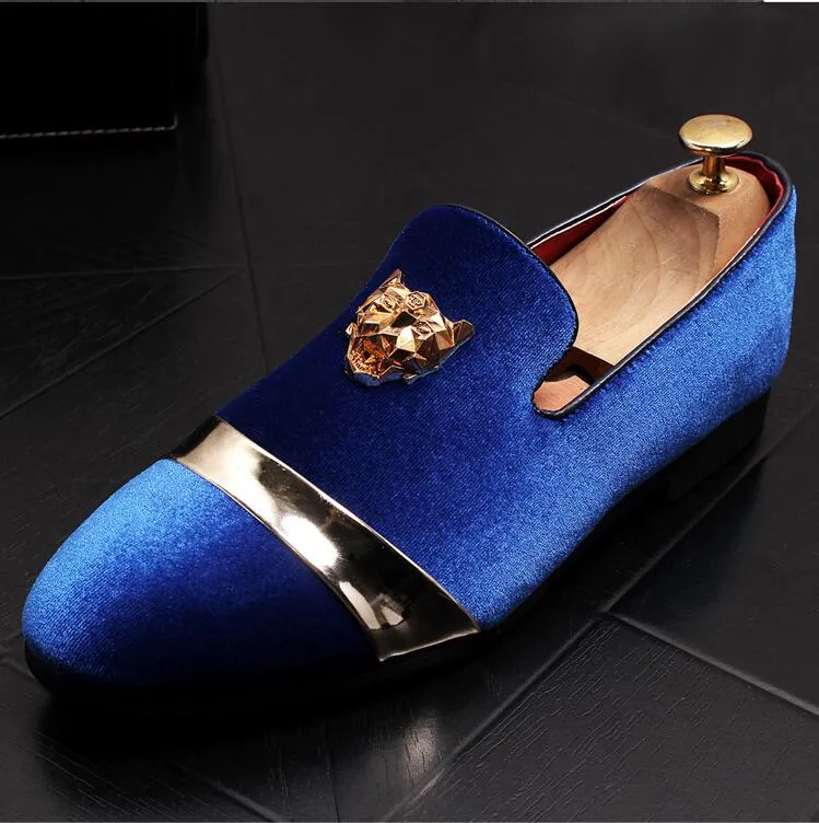 Nieuwe stijl 6447 Fashion Gold Top Men Veet Dress Shoes Heren Handgemaakte Loafers Heren Flats Party en Wedding Shoe J178 S 's