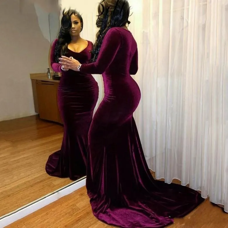 African Nigerian Simple Burgundy Plus Size Evening Dresses V Neck Velvet Long Sleeves Floor Length Mermaid Prom Dresses dresses Evening Wear