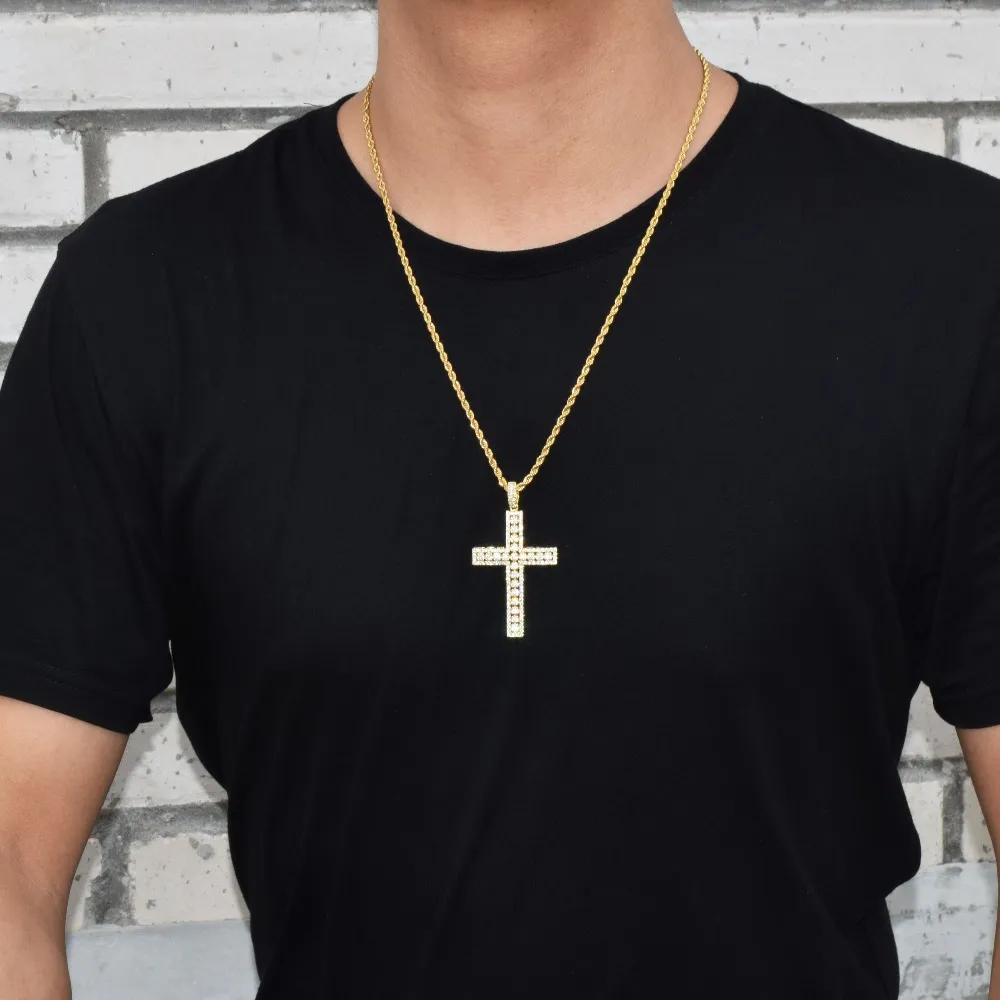Collier avec pendentif croix pour hommes, breloque scintillante en Zircon cubique, bijoux Hip hop avec chaîne en corde, cadeau 2796
