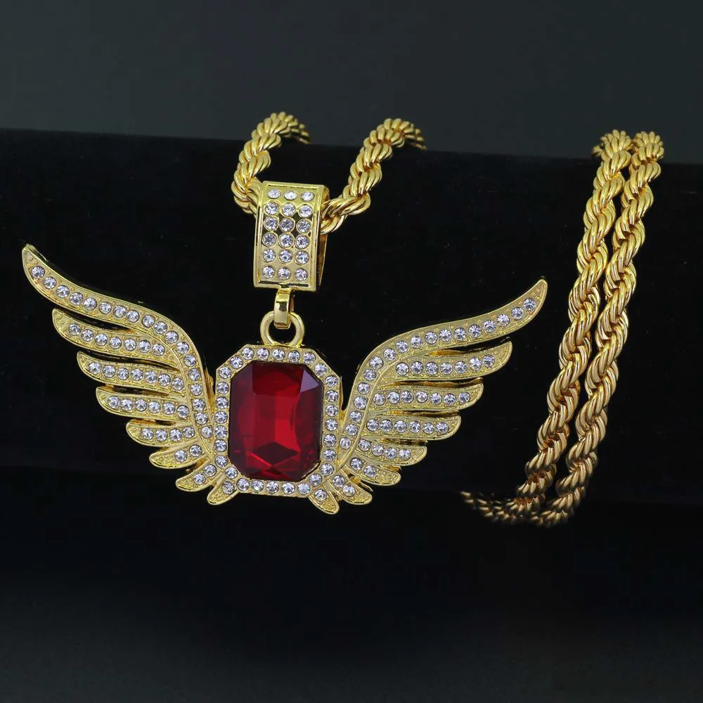Скидка Крылья Ангела в стиле хип-хоп с большим красным камнем Уникальный дизайн подвески Ожерелье Мужчины Женщины Iced Out Druzy Jewelry321S