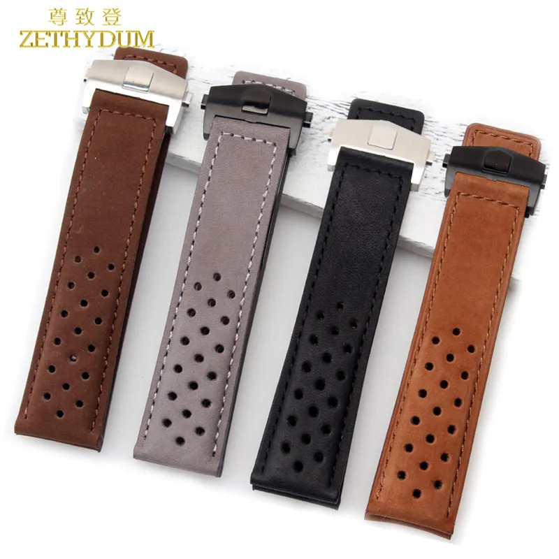 Bracelet en cuir véritable 22mm Bracelet de montre pour montres-bracelets marron gris respirant Bracelet de montre accessoires boucle pliable 285x