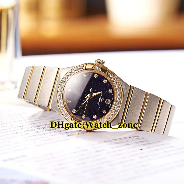 27mm Dream Blue Starry Sky Dial Swiss Quartz Womens Watch Diamond Bezel Two Tone Rose Gold Rostfritt Steel Band Fashion Lady Watch263e