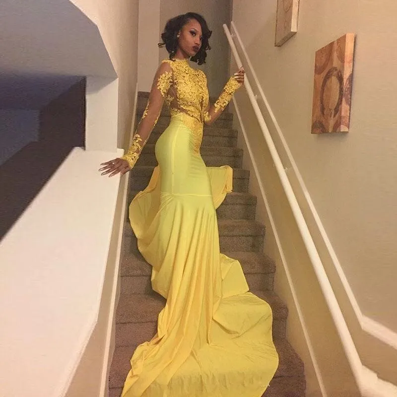2018 Yellow Prom Dresses High Neck Lace Appliques Long Sleeves Sheer Open Back Mermaid Tulle African Vestidos Evening Dress Wear Party Gowns