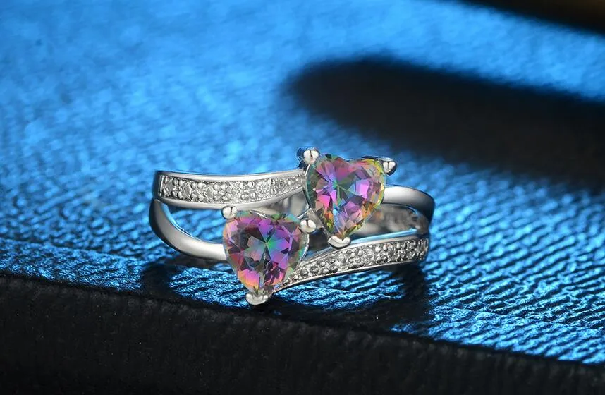 Verkoop Leuke Mode-sieraden 925 Sterling Zilver Dubbel Hart Kleur Rianbow Edelstenen Vrouwen Wedding Engagement Band Ring Voor Love2632