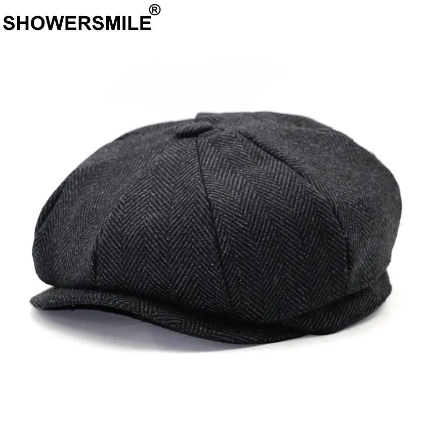 SHOWERSMILE Noir Gris Laine Chapeau Homme Casquettes Gavroche Tweed À Chevrons Chaud Hiver Chapeau Octogonal Mâle Femelle Gatsby Rétro Casquettes Plates S1264l