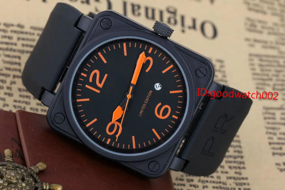 Nieuwe stijl Men's Automatic Mechanical Limited Edition Watch Bell Aviation Men Sport Dive Watches Black Case BR01-92 Black Rubb305J