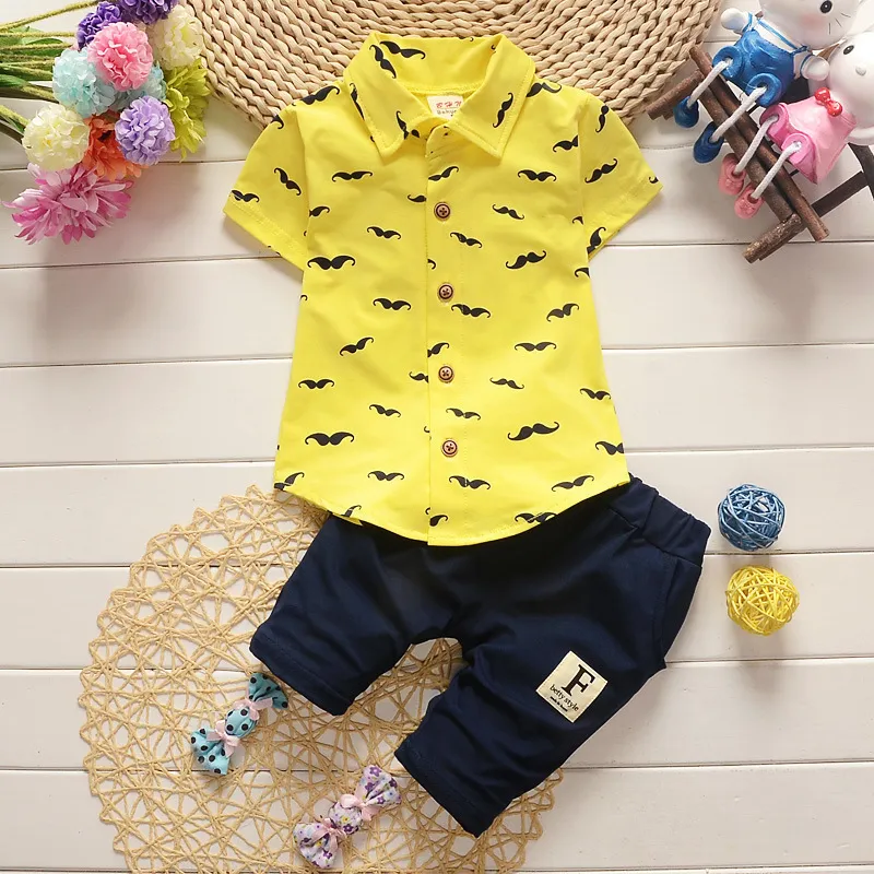 Summer Baby Boy Girl Clothes Shirt Pants Sets Gentleman Style Kid Lovely Beard Lapel Infant Casual Suits Children Tracksuit Y5855423