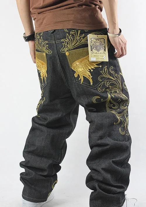 Embroidered pattern hip-hop jeans trousers HIPHOP casual loose plus fat large size skateboard Men jeans pants