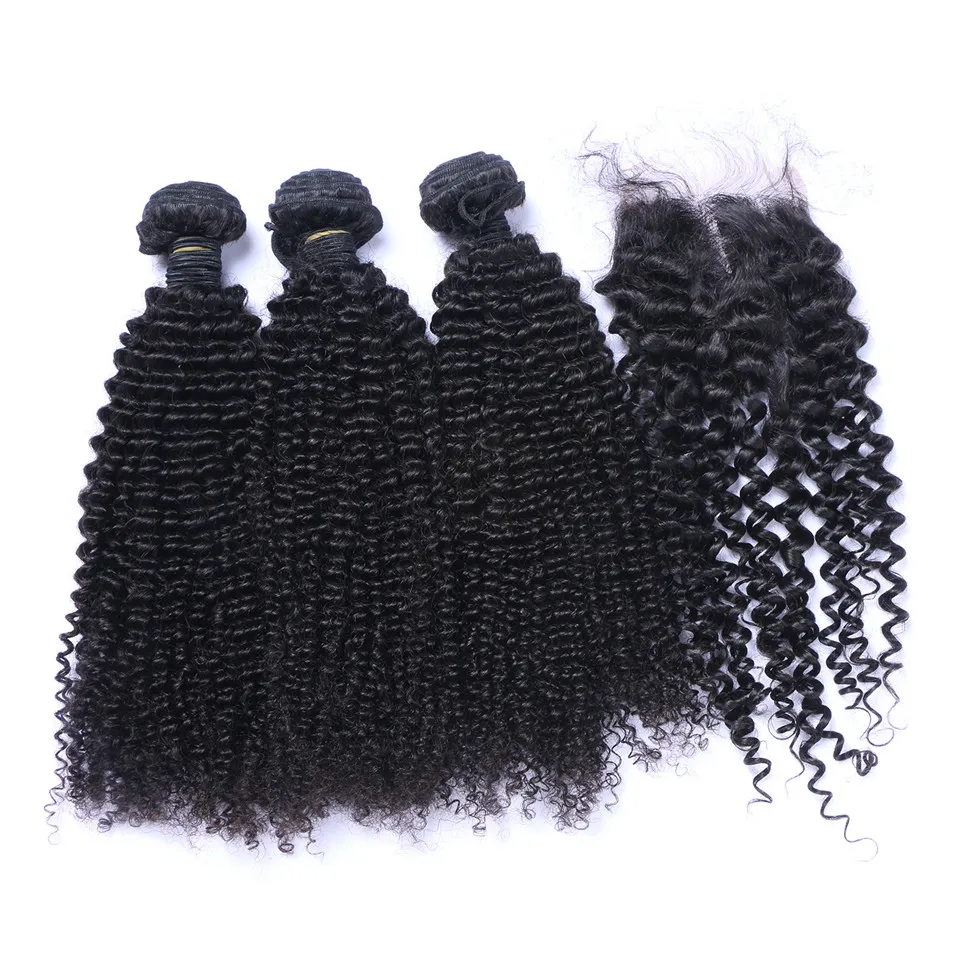 Brazilian Kinky Curly Human Hair Weaves with Closures Double Weft Dyeable Pre-plucked Natural Hairline