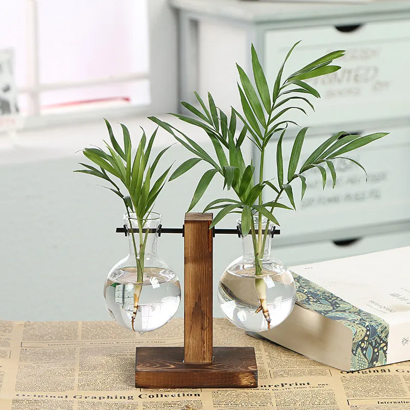 Hydroponic Plant Vases Vintage Desk Flower Pot Transparent Vase Wooden Frame Glass Tabletop Plants Home Bonsai Decorative Flowerpo287v