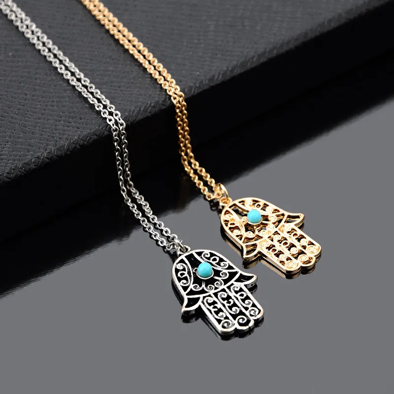 Luck Hamsa Hand Pendants Necklace Gold Silver Fatima Hand Palm Statement Necklaces for Women Clavicle Sweater Chain Christmas Gift