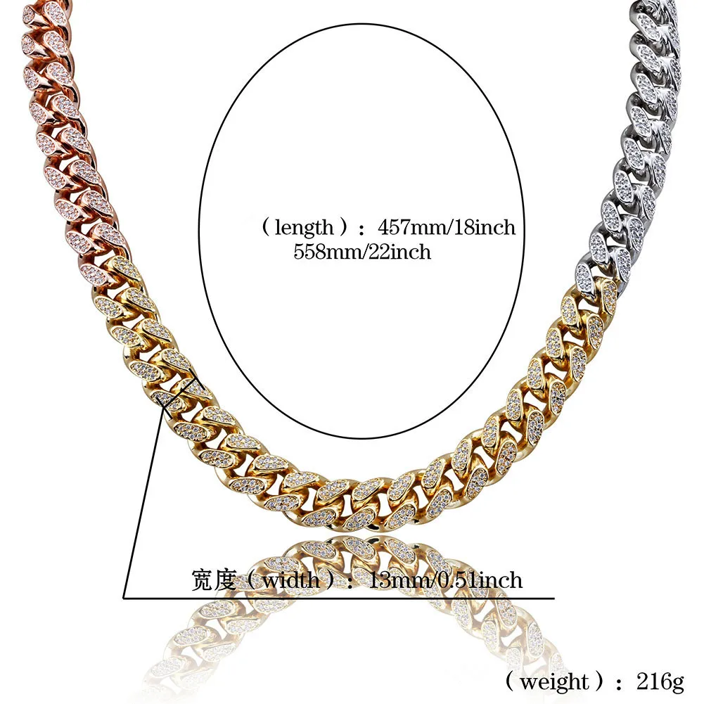 12 ملم مثلج الزركون ميامي سلسلة كوبية ارتباط قلادة قلادة الفضة الورد الذهب سلسلة ألوان الهيب هوب مجوهرات 32225
