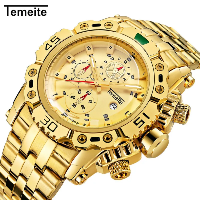 Top Temeite Business Casual Mode Gouden Quartz Horloge Volledig roestvrij staal Casual herenhorloges Mannelijke Klok Watch260N