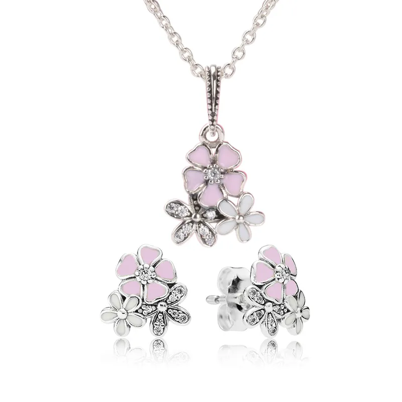 Authentic 925 Sterling Silver Pink Enamel flower Pendant Necklace Earring Set with box for  Jewelry Womens Earrings
