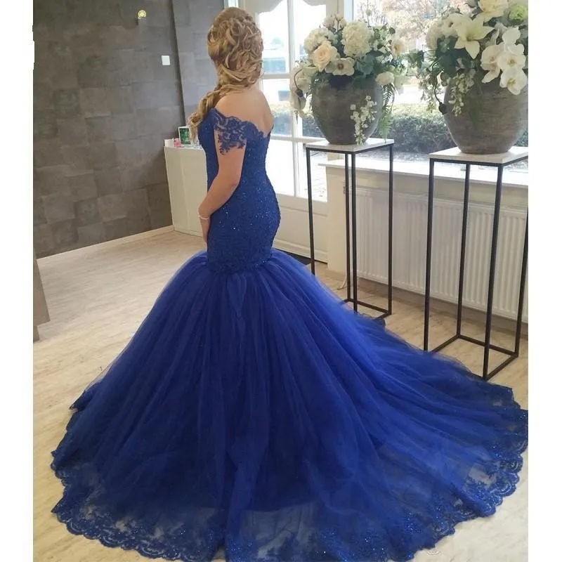 Royal Blue Elegant Beaded Mermaid Evening Dresses Off Shoulder Lace Sweep Train Tiered Tulle Prom Party Gowns Celebrity Runway Dress