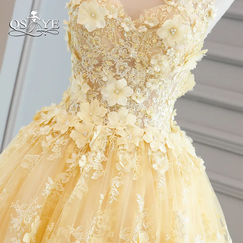 Yellow Ball Gown Long Prom Dresses 2020 Elegant Sweetheart 3D Floral Flowers Lace Floor Length Evening Dresses Party Gown Engagement Gowns