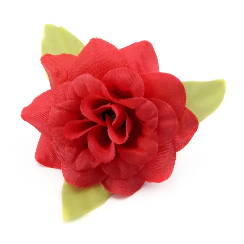 Entier-50 pièces 4 cm à la main Mini soie artificielle Rose fleurs têtes avec feuilles bricolage Scrapbooking fleur baiser boule pour mariage De194C