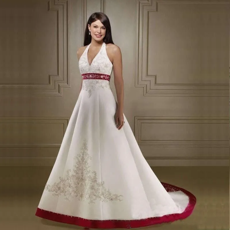 2019 elegante halter pescoço vestidos de casamento bordado trem varredura branco e vermelho espartilho feito sob encomenda vestidos de casamento nupcial para igreja261h