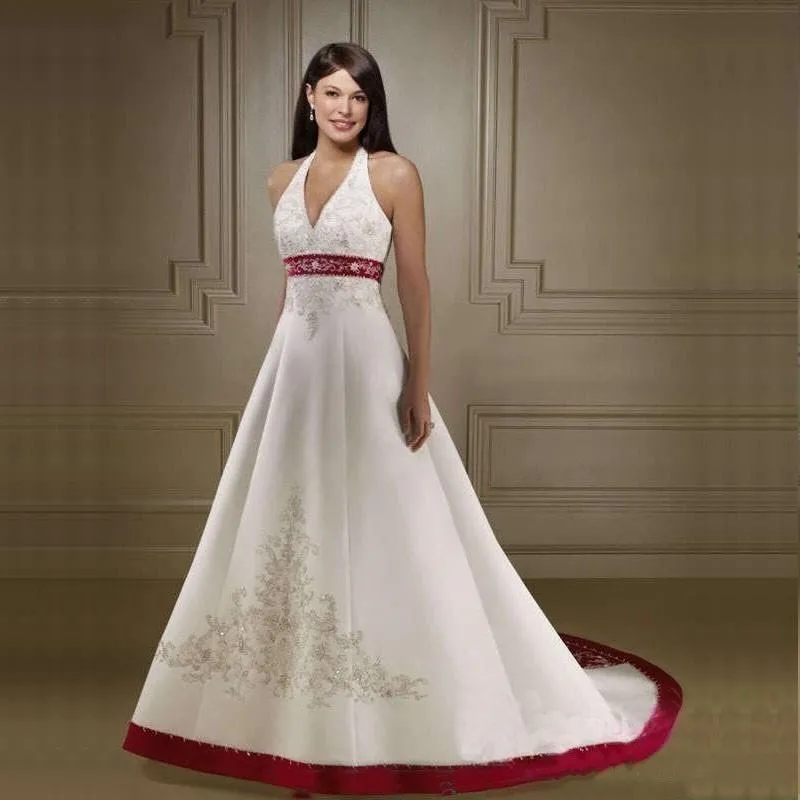 2019 우아한 고삐 넥 웨딩 드레스 자수 스윕 트레인 흰색과 빨간 코르셋 커스토