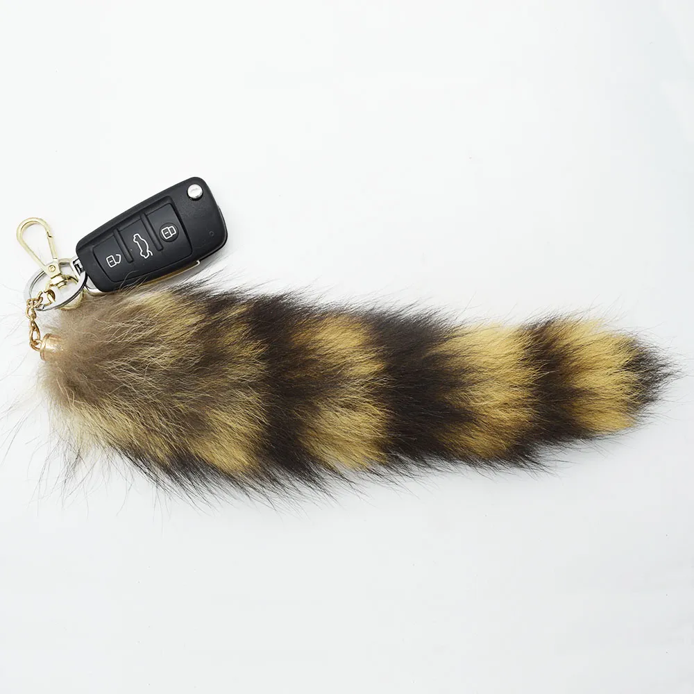 Natural Raccoon Fur Tail Keychain America Raccoon Fur Tail Natural Color Fullly Pompom Keychain Bag Charm Fox Fur Tail charm333U