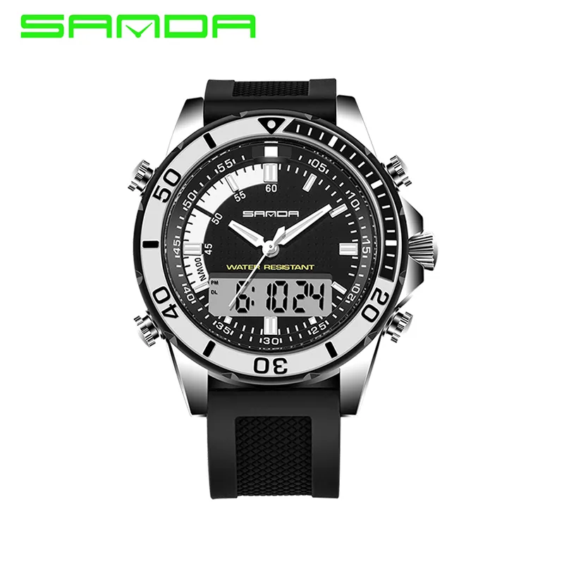 2018 Sanda Brand Chock Watch 3atm Militärstil Herrens digitala silikonmän utomhussportklockor Multicolor Relogio Masculi289J