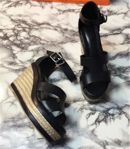 Frauen Modedesign Offene Marke Zehen Leder Plattform Ausschnitt beige weiß schwarze schwarze super hohe keil sandalen kleiderschuhe 5