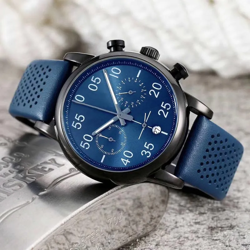 Роскошные спортивные мужские часы, синие модные мужские наручные часы, кожаный ремешок, все циферблаты, кварцевые часы для мужчин, часы для рождественских подарков, Re338V