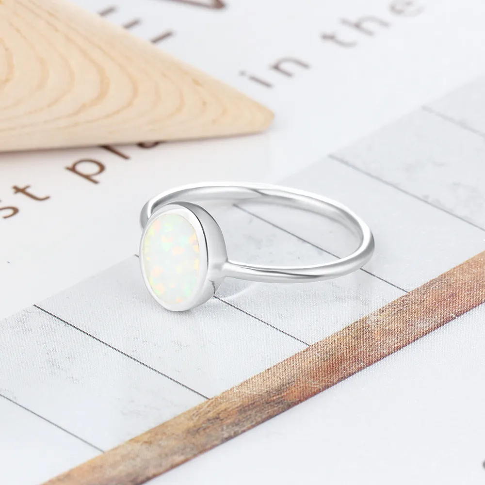 fashion Solitaire Ring Finger Ring 925 Sterling Silver white fire opal oval ring Charm Lady Girls Silver Jewelry