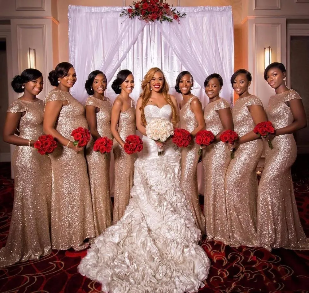2021 Длинные платья подружки невесты с блестками из розового золота на одно плечо с жемчужным вырезом и рукавами с застежкой-молнией сзади с скользящим шлейфом Русалка Вечерние платья202y