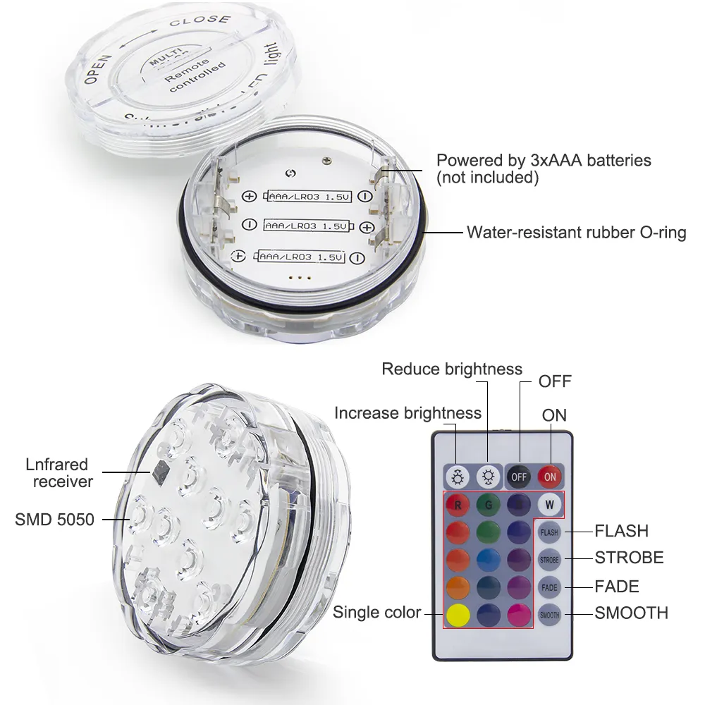 10LEDS RGB LED水中光池潜水艦IP67防水プールスイミングプールライトバッテリーウェディングパーティー250p