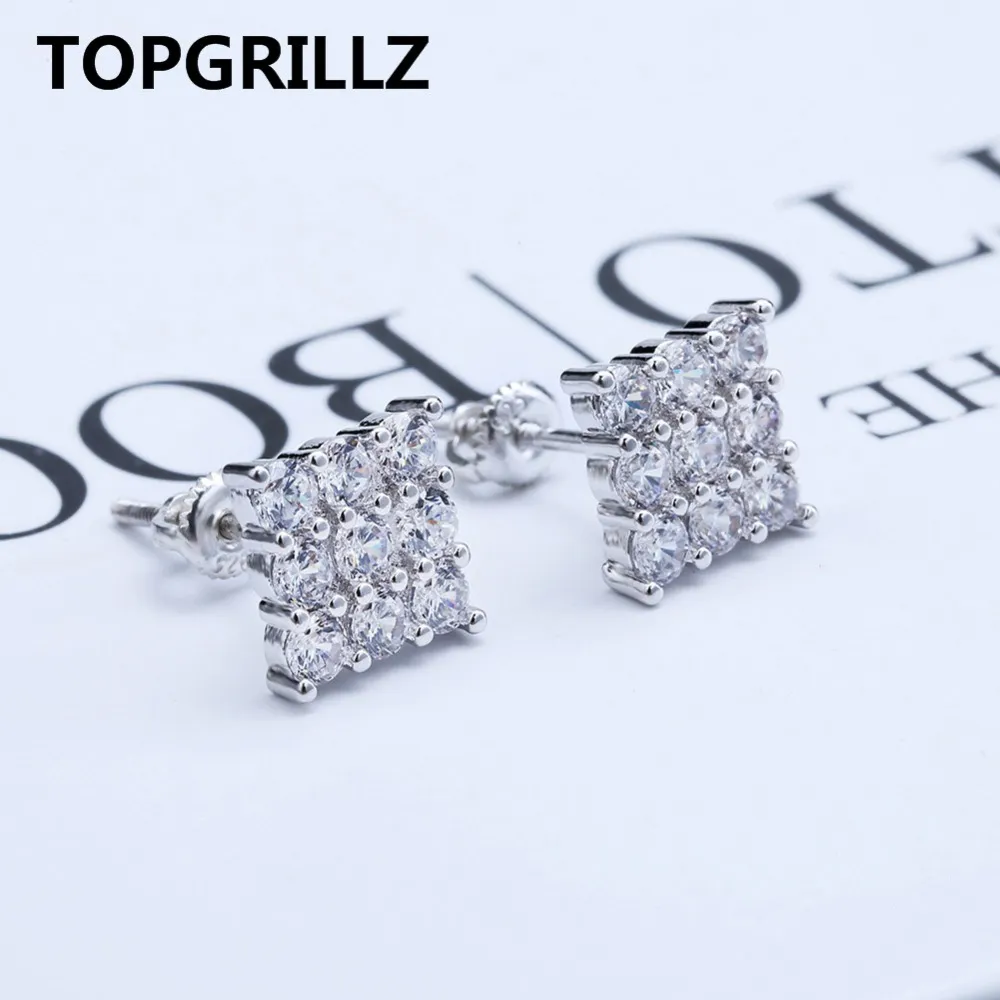 TOPGRILLZ Hip Hop 3Row Cubic Zircon Square Stud Earrings Men Women Jewelry Gold Silver Color CZ Earring With Screw Back Buckle297t