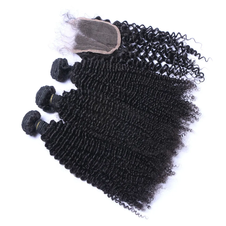 Brazilian Kinky Curly Human Hair Weaves with Closures Double Weft Dyeable Pre-plucked Natural Hairline