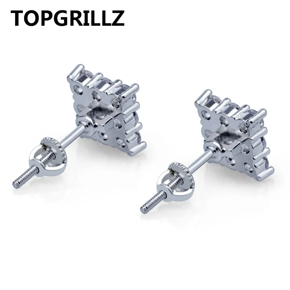 TopGrillz Hip Hop 3Row Cubic Zircon Square Stud Brincos Homens Mulheres Jóias Gold Prata Color Cz Earring com Frenda para Backlear261h