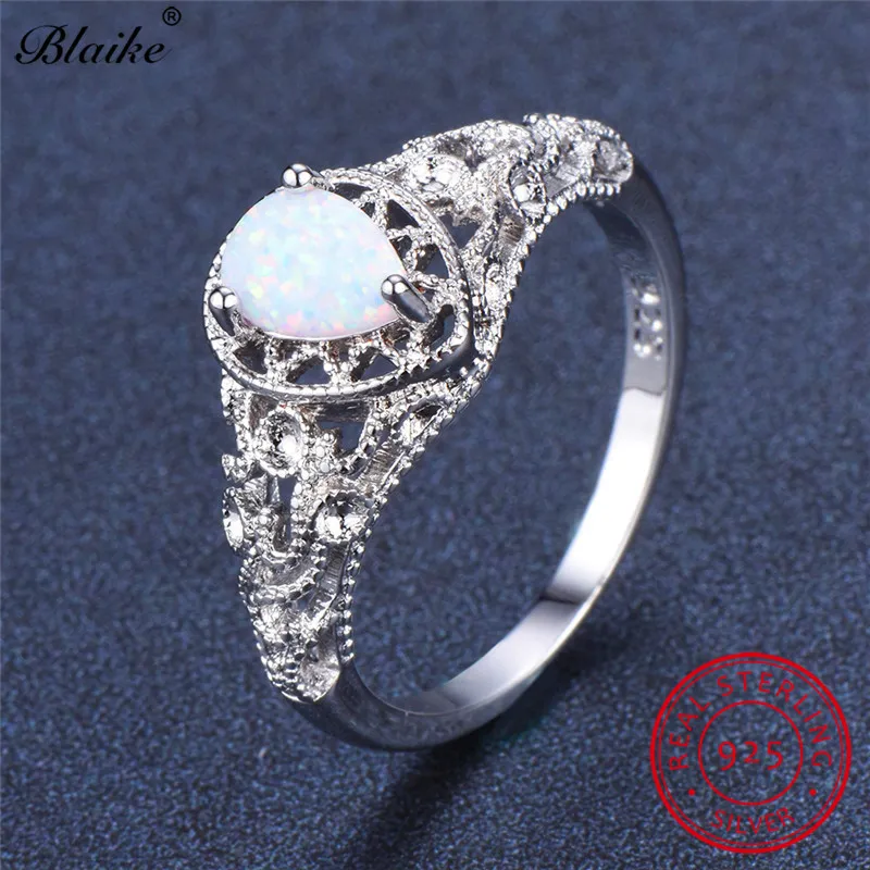 Pierścienie klastra Blaike 100% Real 925 Srebrny White Fire Opal dla kobiet Vintage pusta woda kropla narodzin pierścień