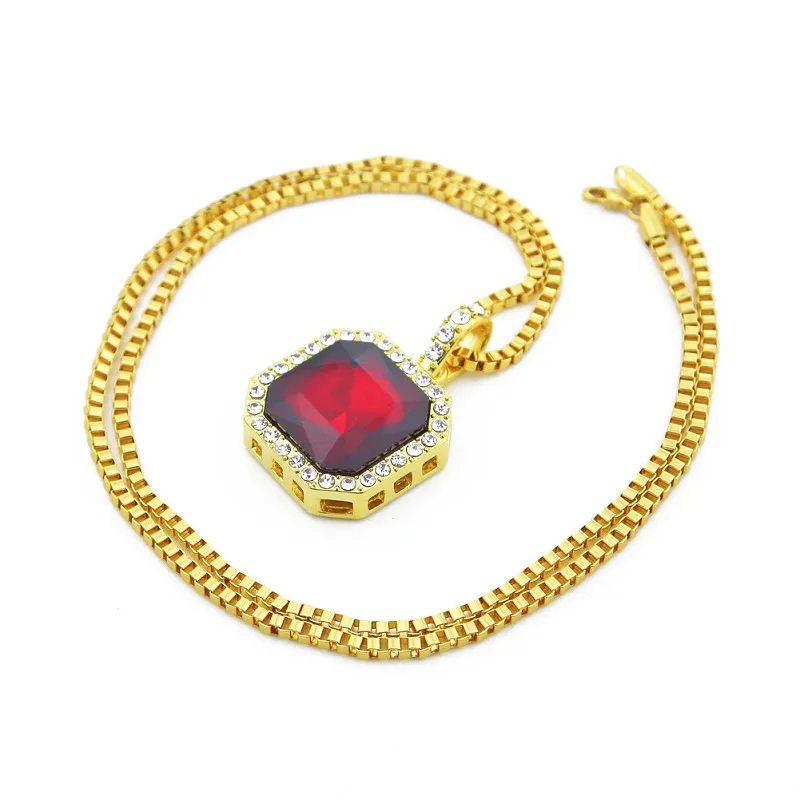 Mens Square Ruby Pendant Necklace Gold Box Chain For Men Fashion Hip Hop Necklaces Jewelry213s